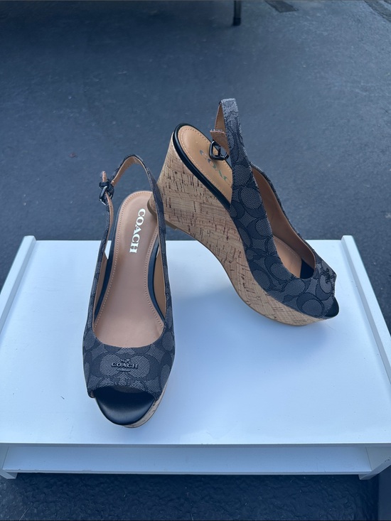 Coach Shoes - COACH Black Signature Logo Cork Wedge Slingback Sandals
